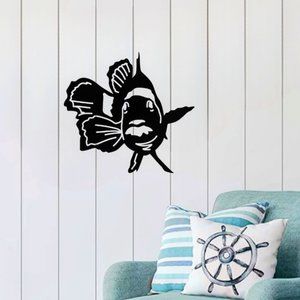 Metal Wall Hanging Clown Fish Decor, 12" x 12", BLK